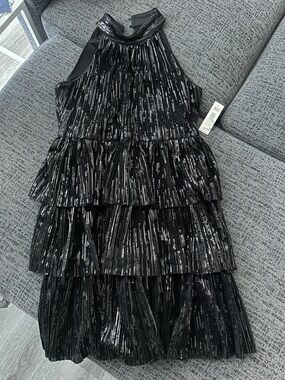 ELIZA J - Black Sequin Tiered Halter Dress